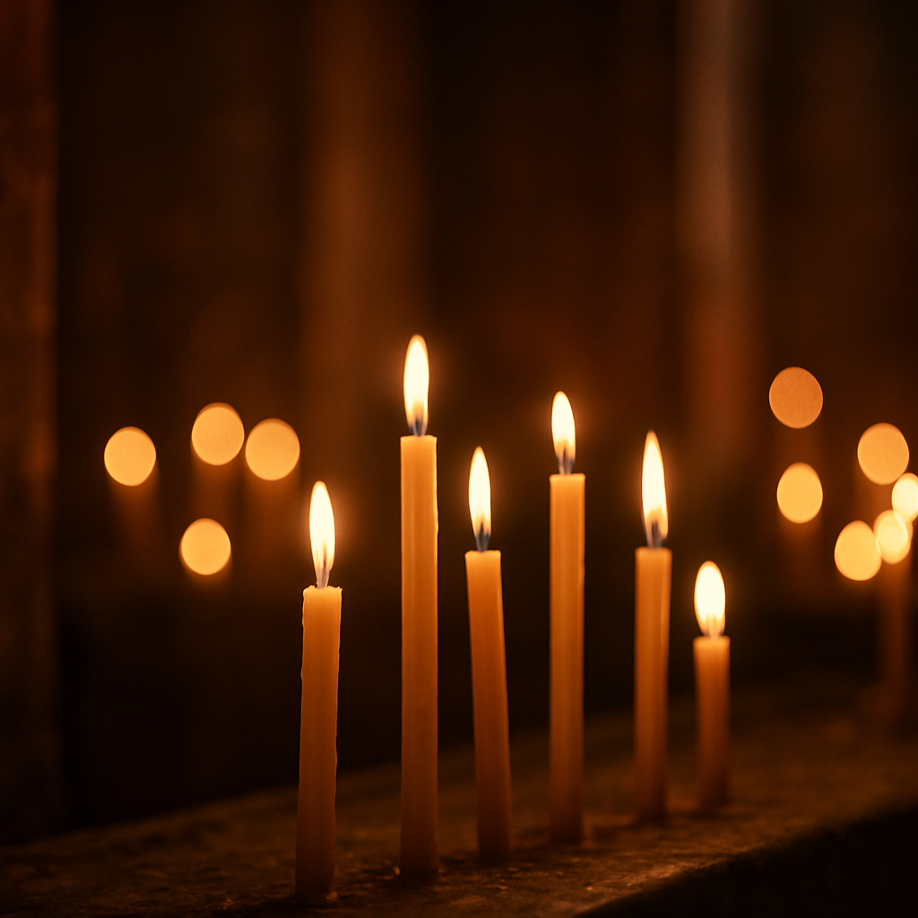 Warm candlelight glowing in an Ethiopian Orthodox church