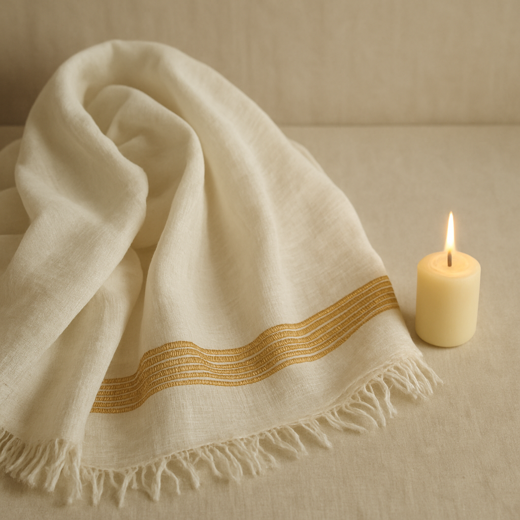 A handwoven Ethiopian netela shawl beside a lit candle